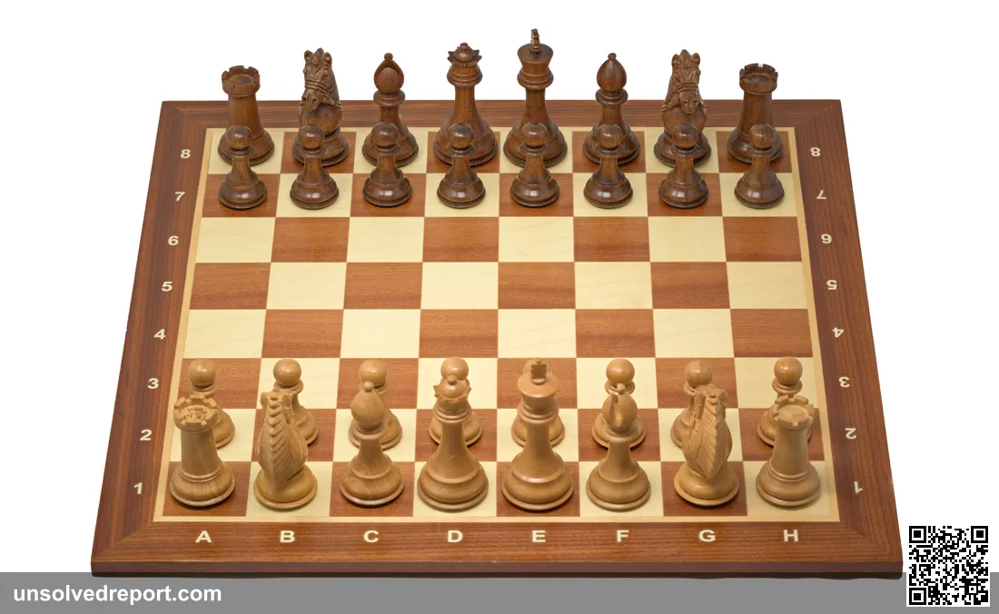 Standard Staunton chess set on a wooden board in the starting position, the classic setup used in all professional chess competitions
