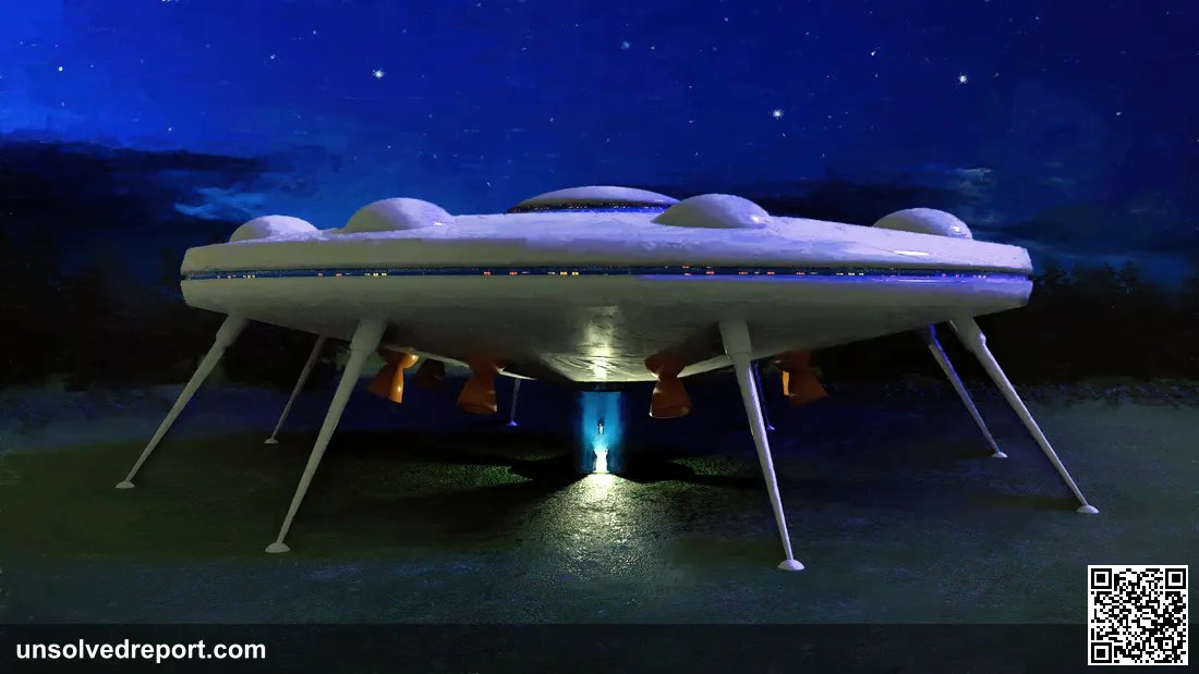 Artist's impression of a domed disc-shaped craft landed in a field at night, like the silver object the Ariel School children described.