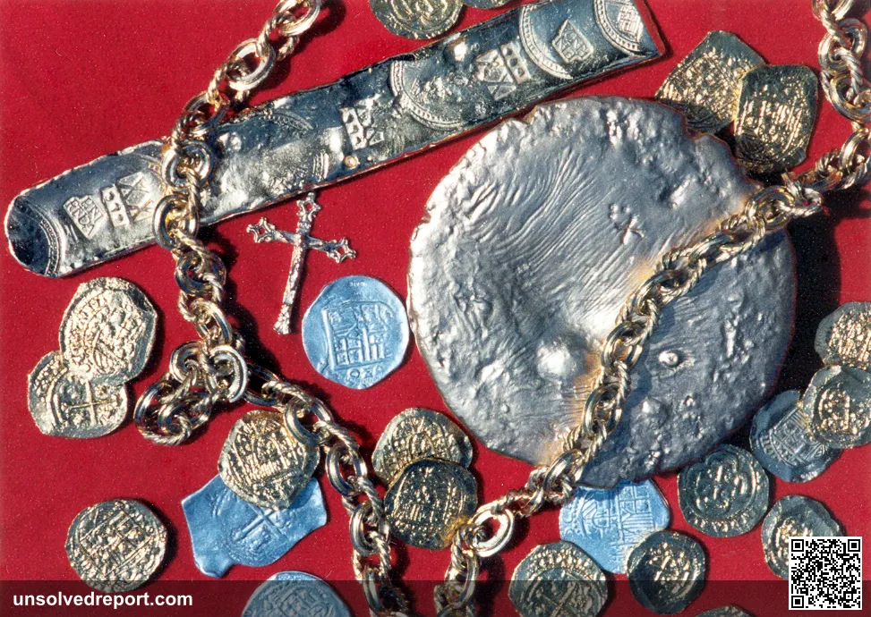 Replicas of treasure recovered from the Nuestra Señora de Atocha shipwreck — Spanish coins, silver bar, gold chain, and cross