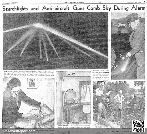 Page B of the February 26, 1942, Los Angeles Times, showing the coverage of the so-called Battle of Los Angeles and its…