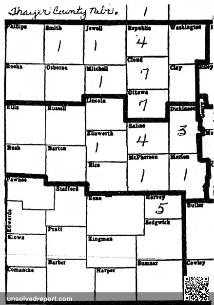 Law enforcement map of cattle mutilations by county in Kansas and Nebraska, published December 13, 1973