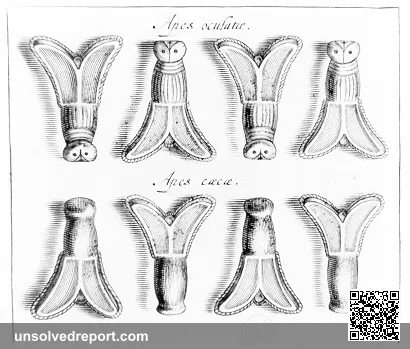 Detailed drawing of the golden bees/flies discovered in the tomb of Childeric I in Tournai on 27 May 1653. Drawn by J. …