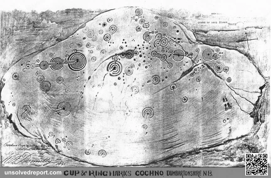 Sketch by W. A. Donnelly (dated 1895) of the Cup &amp; Ring marks on the Cochno Stone, West Dunbartonshire. Published b…