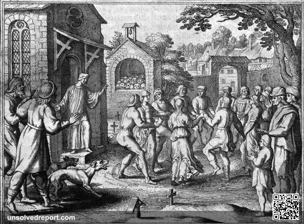 Citizens of 1518 Strasbourg with the psychogenic disorder choreomania or ‘dancing plague’ dancing amid graves in a churchyard