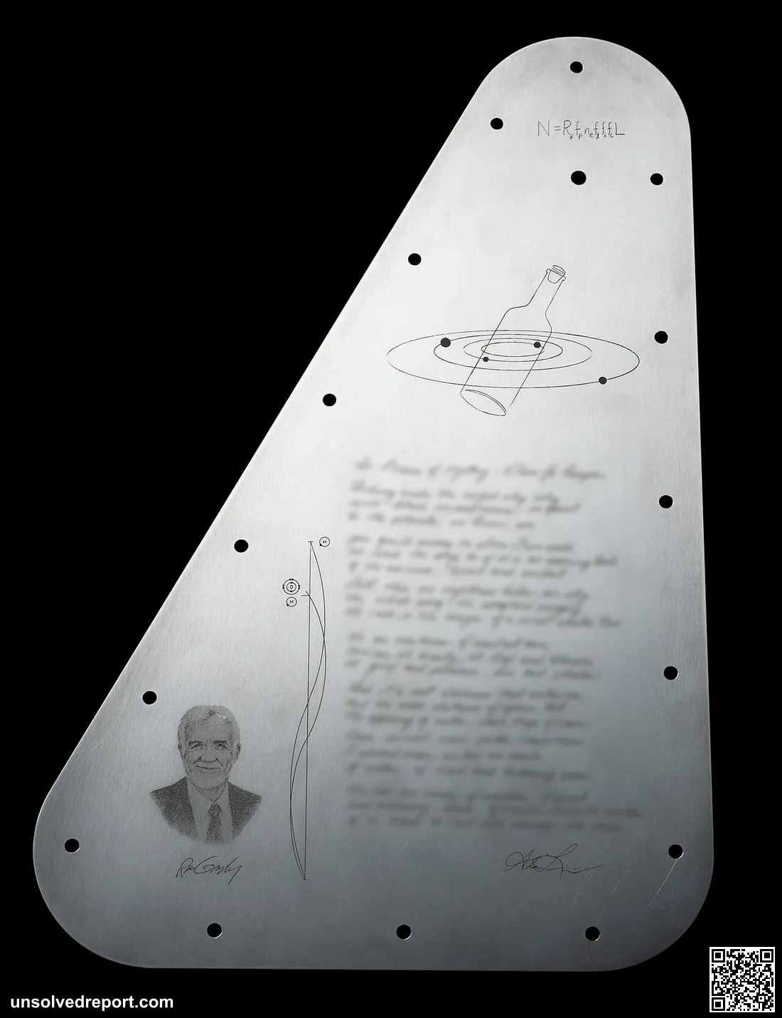 Full image of the Europa Clipper vault plate's inward-facing side, featuring the Drake Equation at the top, a portrait …