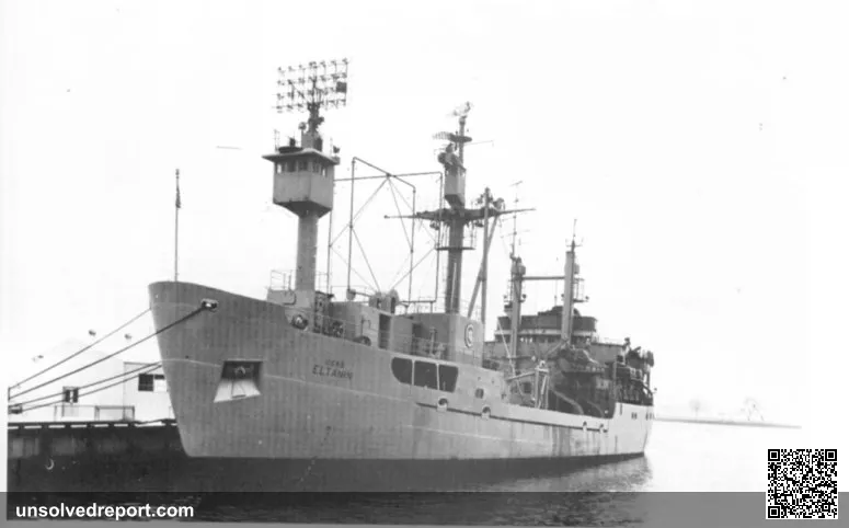 USNS Eltanin research vessel pierside, the ship that photographed the mysterious seafloor object in the Drake Passage