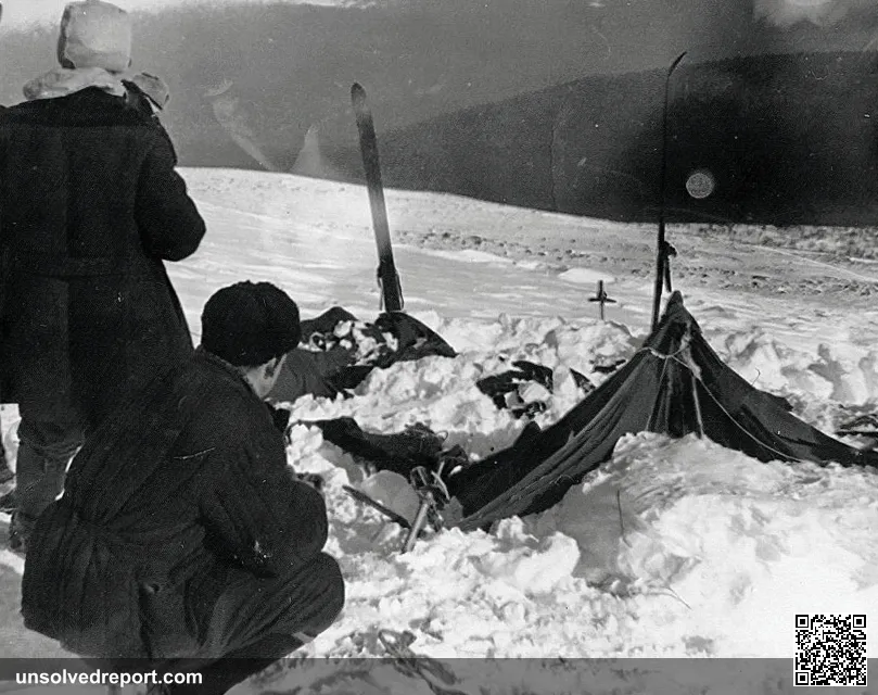 A view of the tent as the rescuers found it on Feb. 26, 1959. The tent had been cut open from inside, and most of the s…