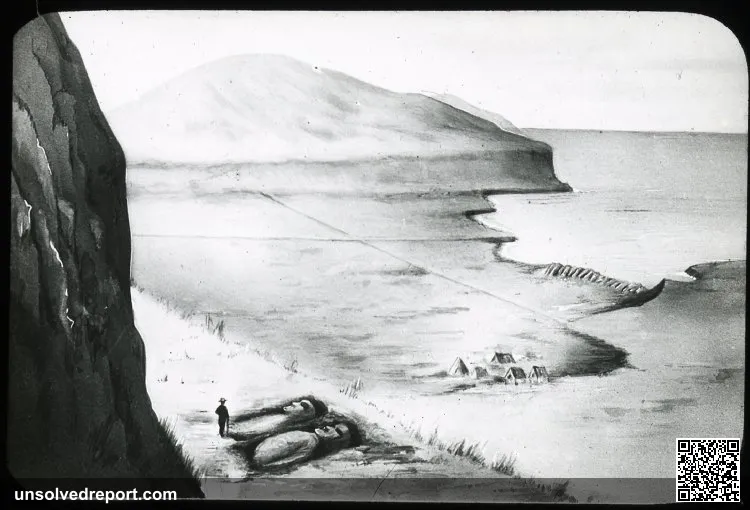 Lantern Slide (black and white) of a watercolour sketch; view towards Hotu Iti and Ahu Tongariki, with a cluster of tha…