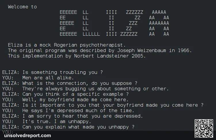 Terminal transcript showing a conversation between a user and the ELIZA chatbot DOCTOR script