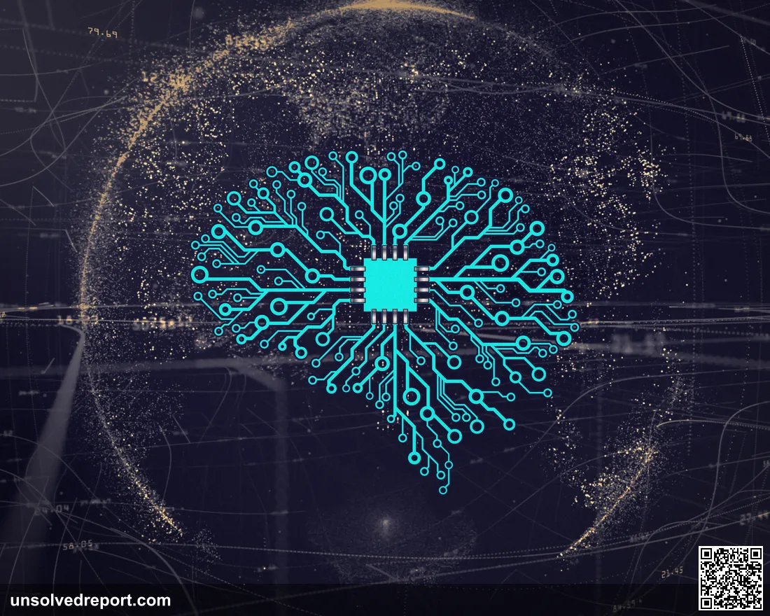 Conceptual illustration of an artificial neural network brain with a microchip at the center
