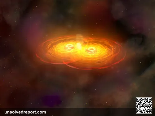This illustration shows a stage in the merger of two galaxies that forms a single galaxy with two centrally located sup…