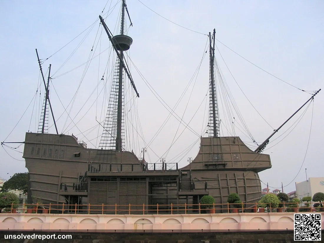 Portuguese Ship Museum on the Melaka River at Melaka, Malaysia. Taken from a river cruise boat.