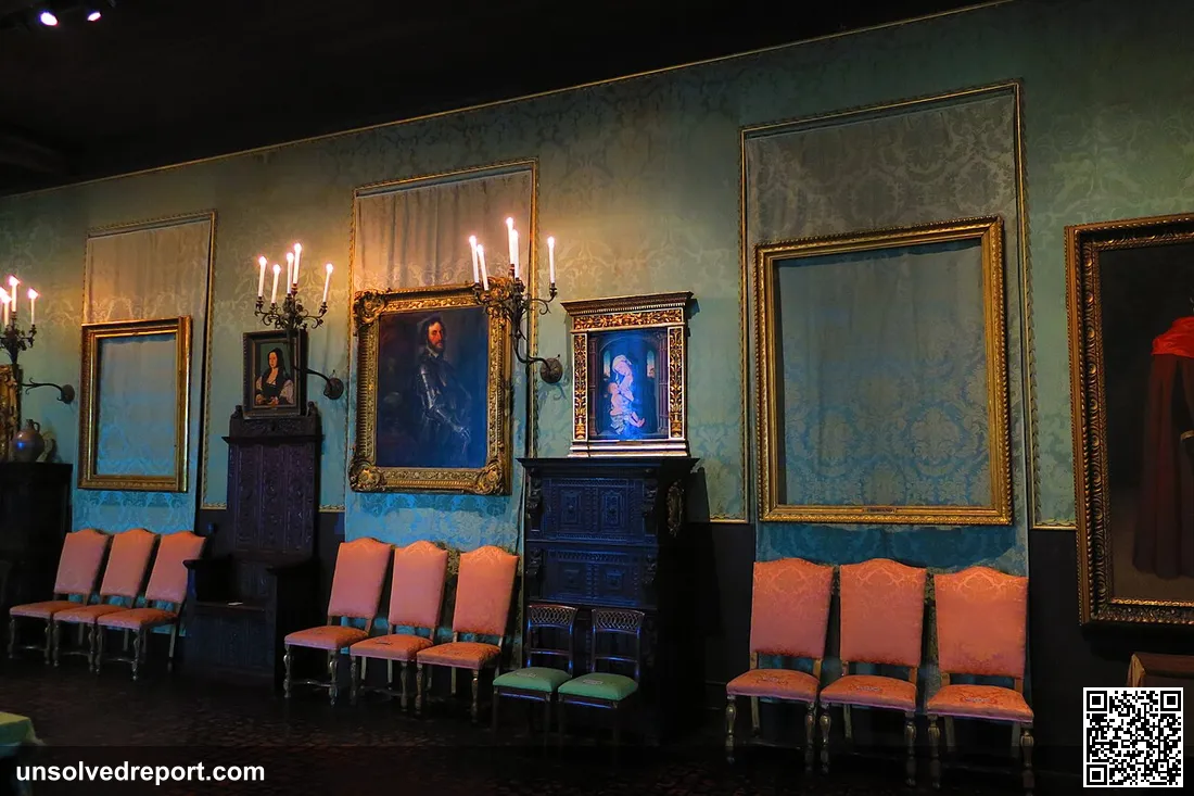 The empty frames of the two stolen Rembrandt paintings, A Lady and Gentleman in Black on the left and The Storm on the …