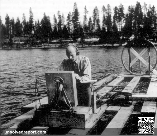 Search for "ghost rocket" seen crashing July 19, 1946, in Lake Kölmjärv, Sweden. Search conducted July/August 1946, by …