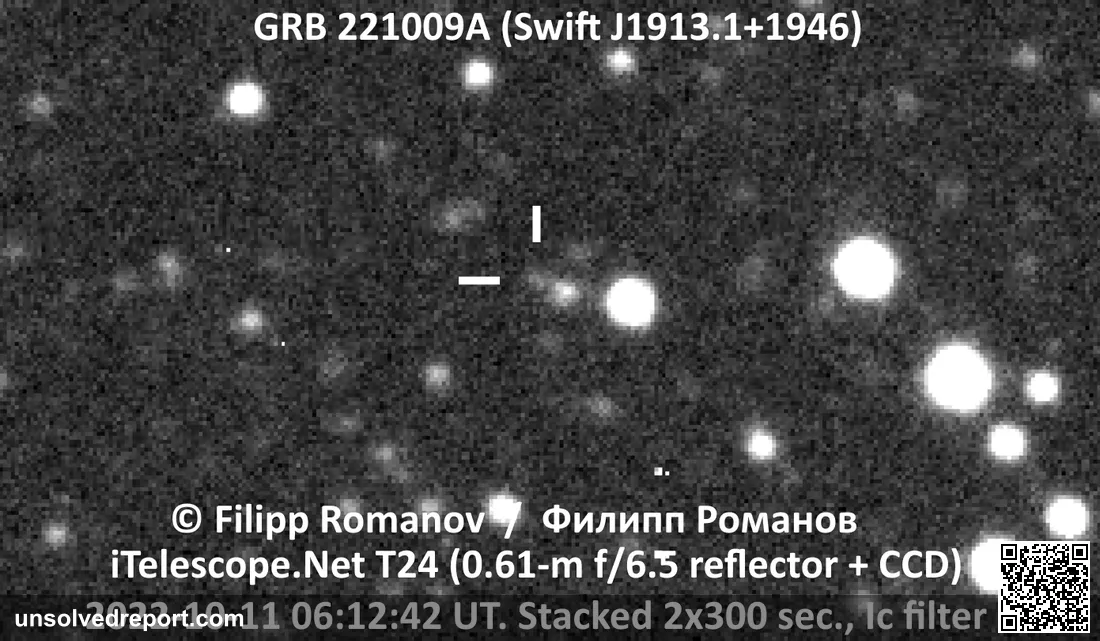Optical afterglow of GRB 221009A — the BOAT gamma-ray burst — imaged via telescope in 2022