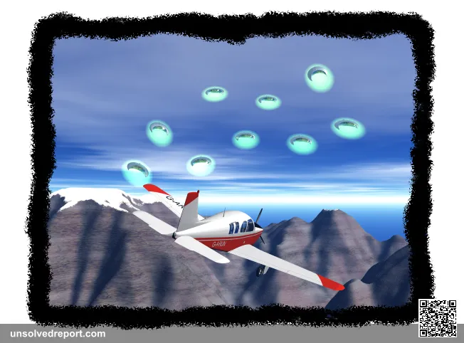 3D reconstruction of Kenneth Arnold's 1947 UFO sighting: his CallAir plane over the Cascades with nine disc-shaped objects