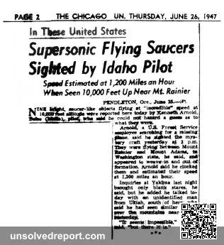 1947 June 26 Chicago Sun newspaper headline about Kenneth Arnold's flying saucer sighting near Mount Rainier