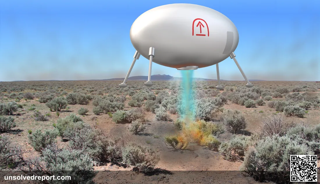Reconstruction of the egg-shaped craft witnessed by Officer Lonnie Zamora near Socorro, New Mexico on April 24, 1964, with two small white-clad figures standing beside it in the desert scrub