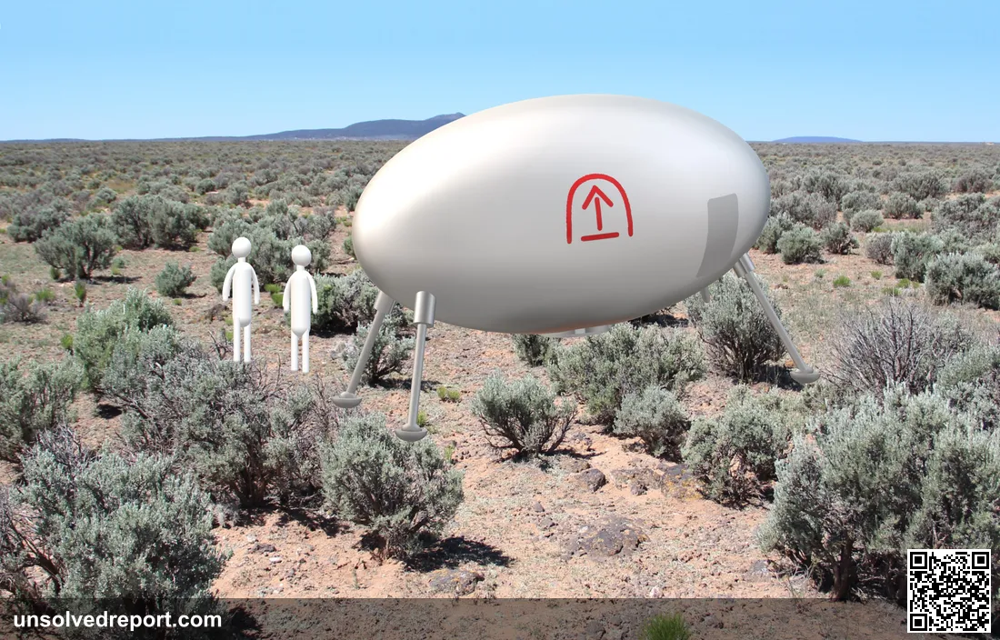 3D model of the Socorro UFO egg-shaped craft in a New Mexican desert scene, showing humanoid figures as described by Officer Zamora in his April 1964 Project Blue Book report