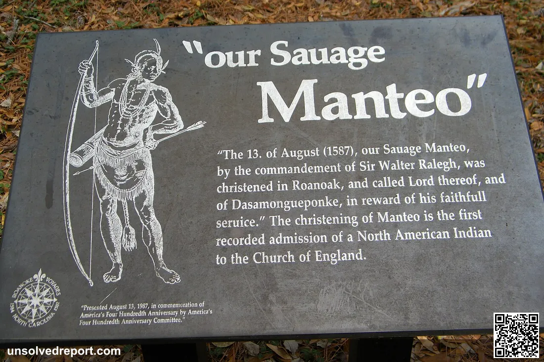 A plaque to commemorate the first Indigenous person, Manteo, who was converted to Christianity at the Roanoke Colony. T…