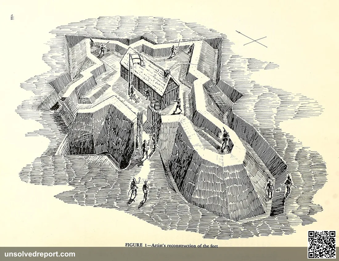 A 1962 illustration depicting the artist's reconstruction of the fort built by Ralph Lane for the 1585 Roanoke Colony. …