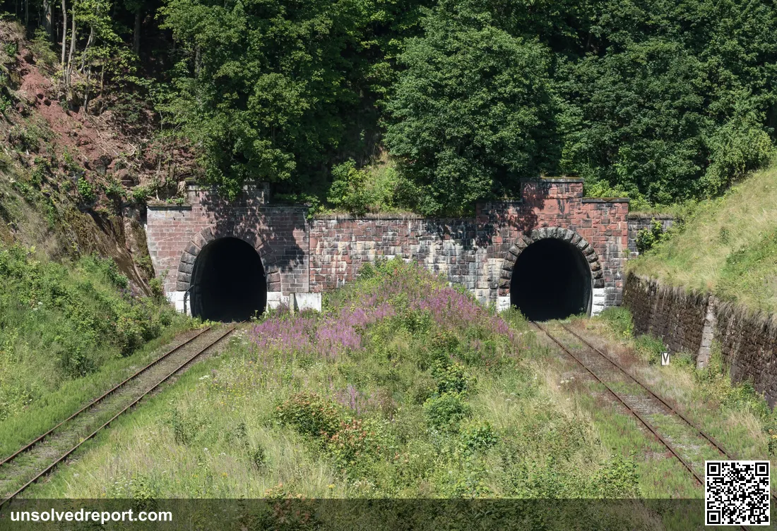 Railway tunnel portals bored beneath Świerkowa Kopa in the Owl Mountains (Góry Sowie), the Lower Silesian range tied to the Nazi gold train legend.