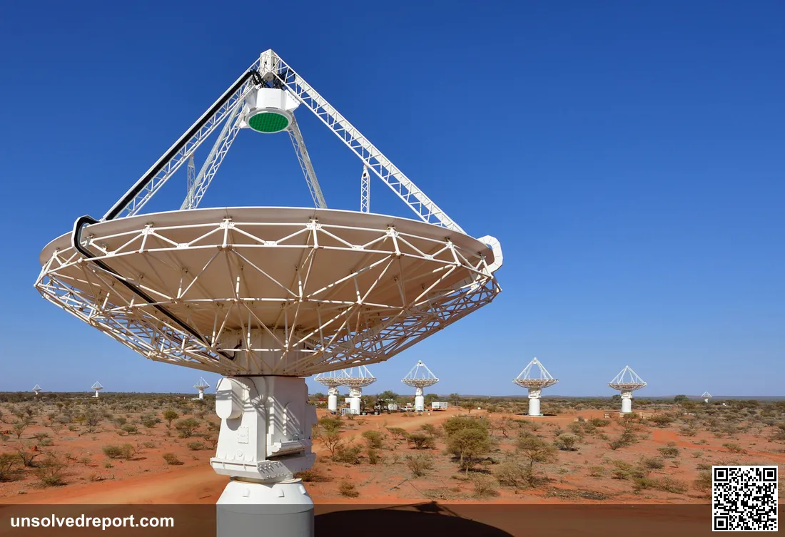 An antenna of CSIRO's ASKAP radio telescope at the Murchison Radio-astronomy Observatory in Western Australia, the array that first detected odd radio circles.