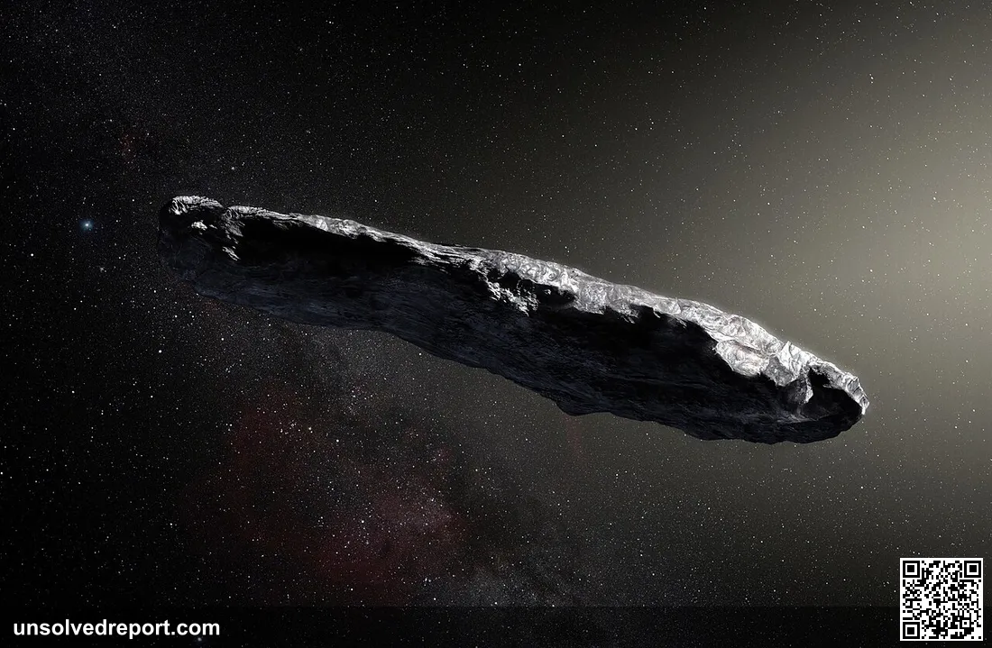 This artist’s impression shows the first interstellar asteroid: `Oumuamua. This unique object was discovered on 19 Octo…