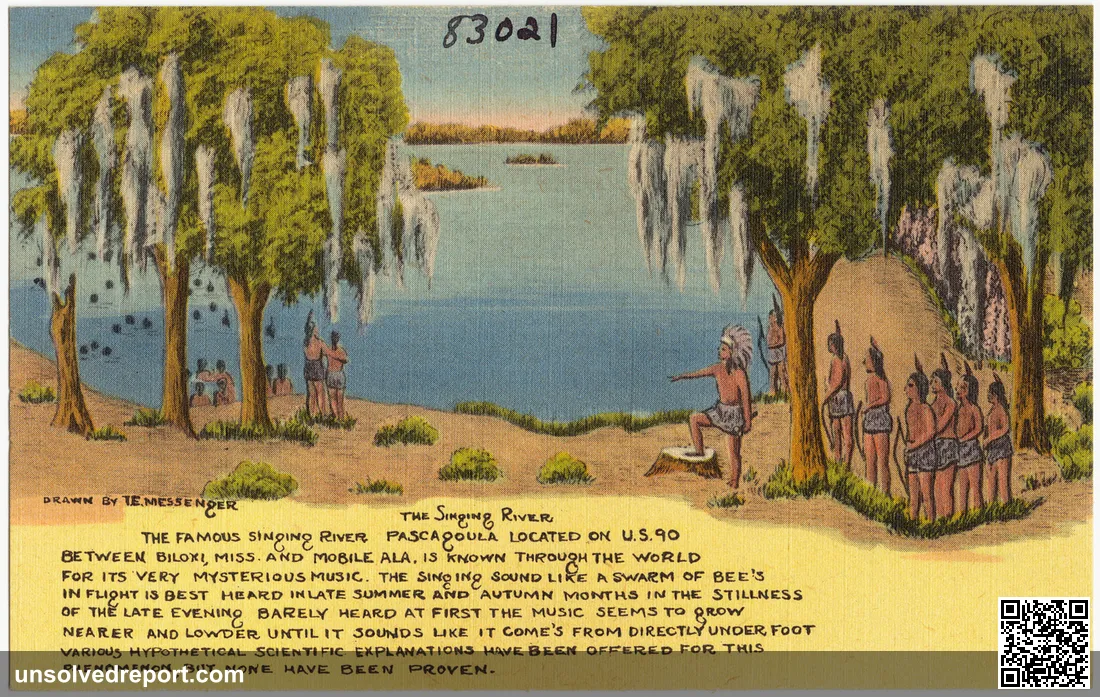 Vintage postcard depicting the Pascagoula Singing River in Mississippi, the site of the 1973 UFO abduction of Charles Hickson and Calvin Parker.