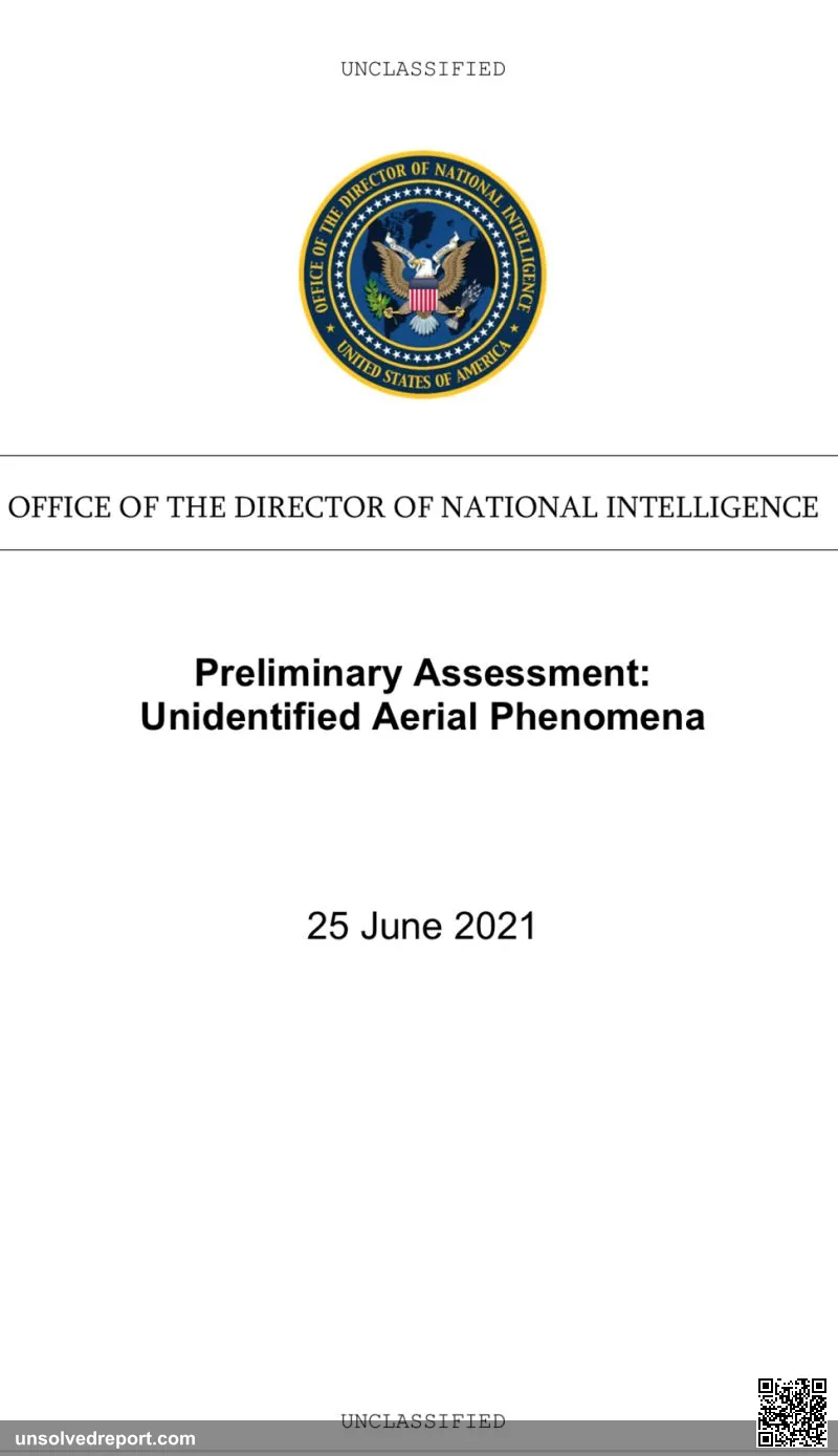 Front cover of the Preliminary Assessment: Unidentified Aerial Phenomena published by The Office of the Director of Nat…
