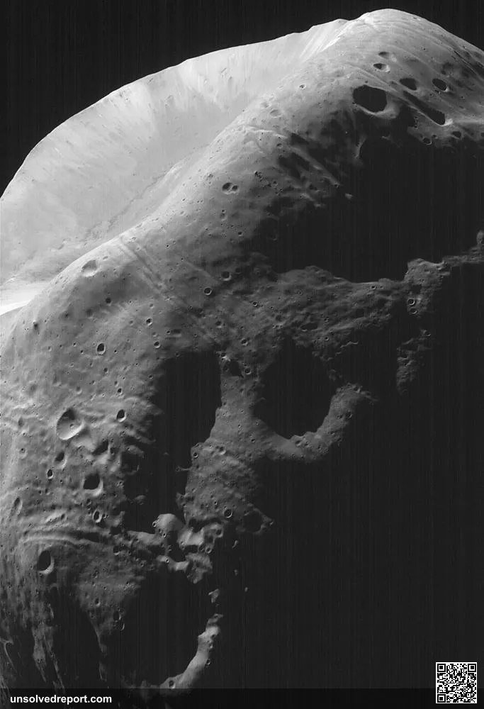 This image of Phobos, the inner and larger of the two moons of Mars, was taken by the Mars Global Surveyor on August 19…
