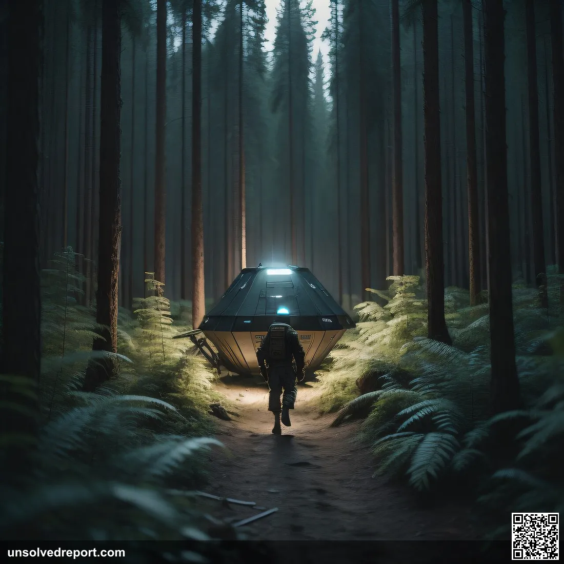 Prompt: military man walking in forest, man walks towards alien black object on moos, entire night forest with a white …