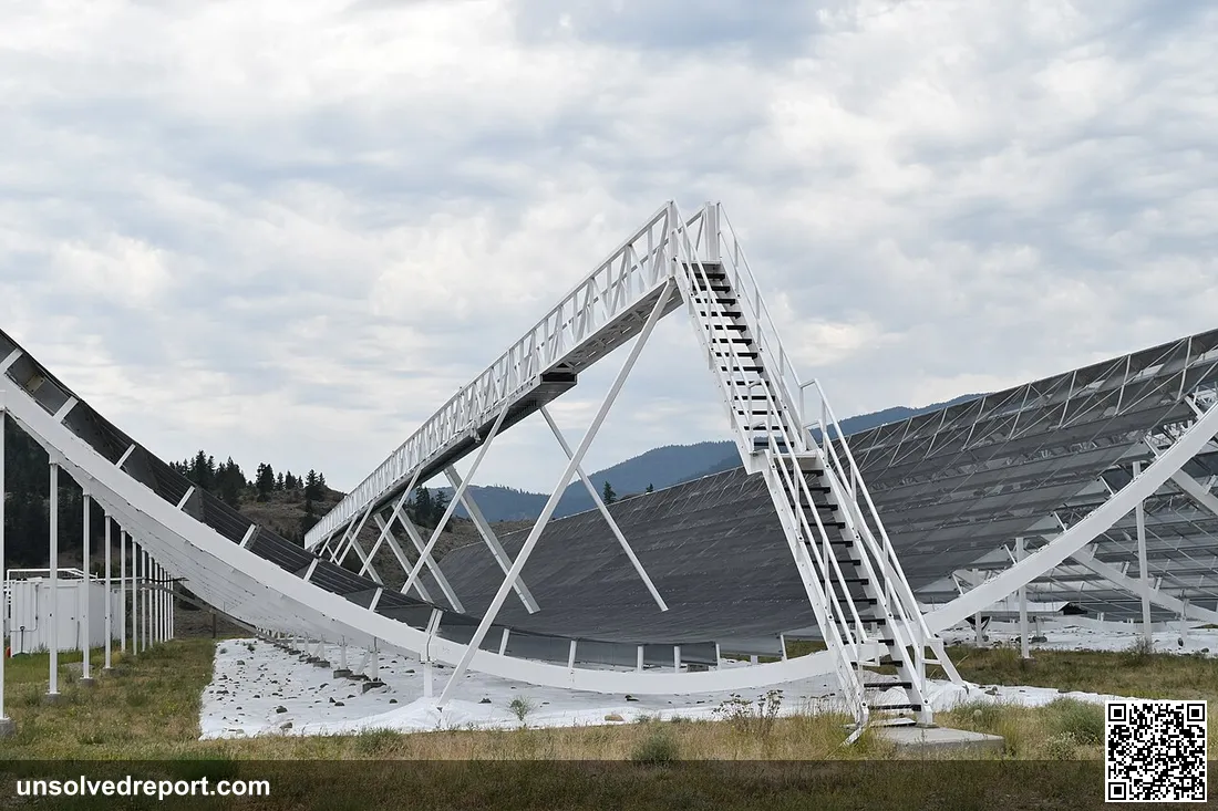 Wire-mesh half pipe reflector of the Canadian Hydrogen Intensity Mapping Experiment (CHIME) telescope reflects feeds ra…