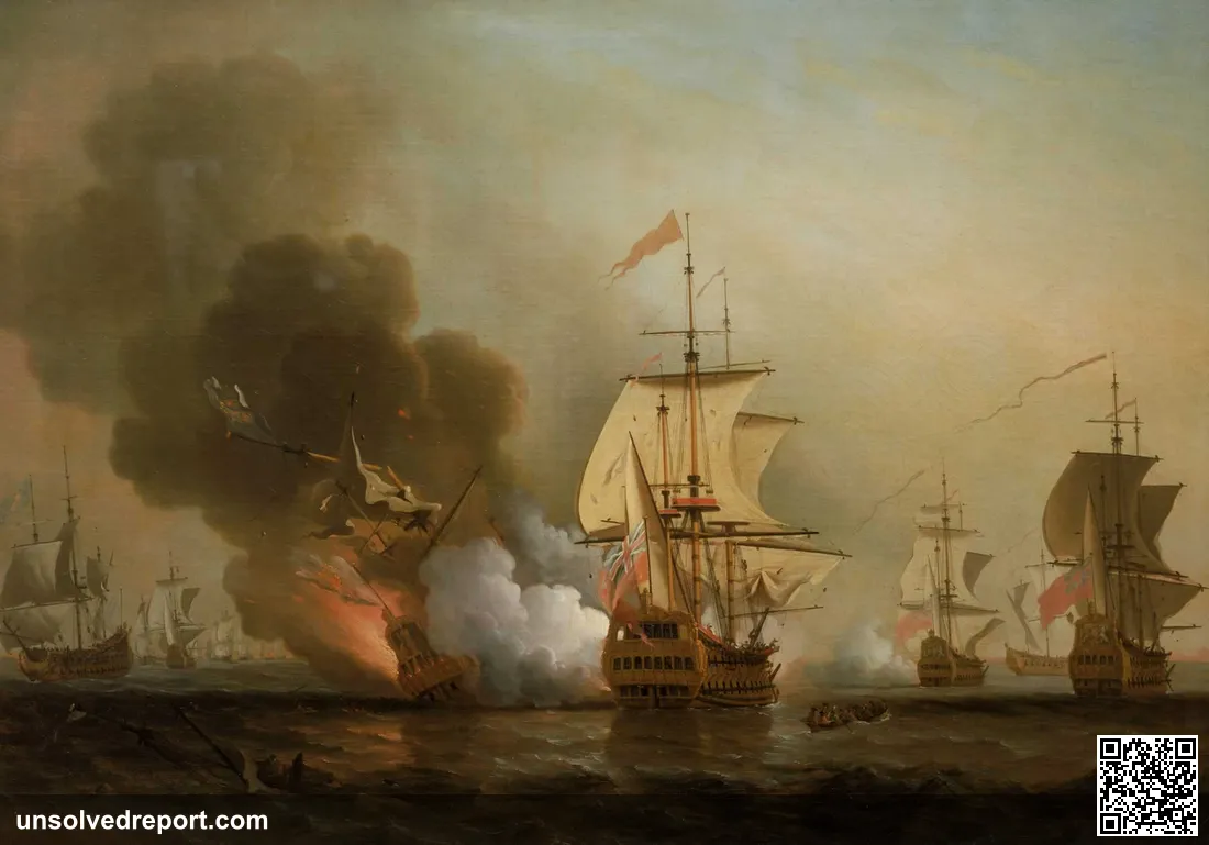 Oil painting by Samuel Scott of Wager's Action off Cartagena, 1708, showing galleons in battle with the San José burning