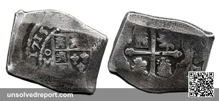An 8 reales Mexican silver cob dated 1715, recovered from the 1715 Treasure Fleet (Mexico City mint).