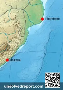 Map of southern Africa showing Msikaba shipwreck site and Inhambane, locations related to the 1554 São Bento disaster.
