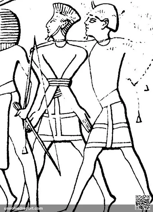 A Peleset &amp; Sherden prisoner (Sea People’s) being led by an Egyptian soldier under Ramesses III, Medinet Habu templ…