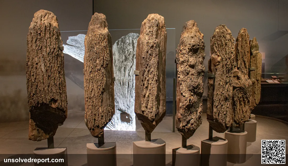 Seahenge oak posts arranged in their original circular formation at the British Museum's World of Stonehenge exhibition, 2022 — the 4,000-year-old Bronze Age timber circle from Norfolk