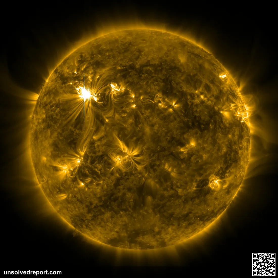 The Sun with the powerful X5.4 solar flare of March 7, 2012, imaged in 171 angstrom extreme-ultraviolet light by NASA's Solar Dynamics Observatory.