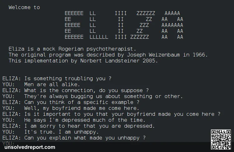 A conversation with the ELIZA chatbot.