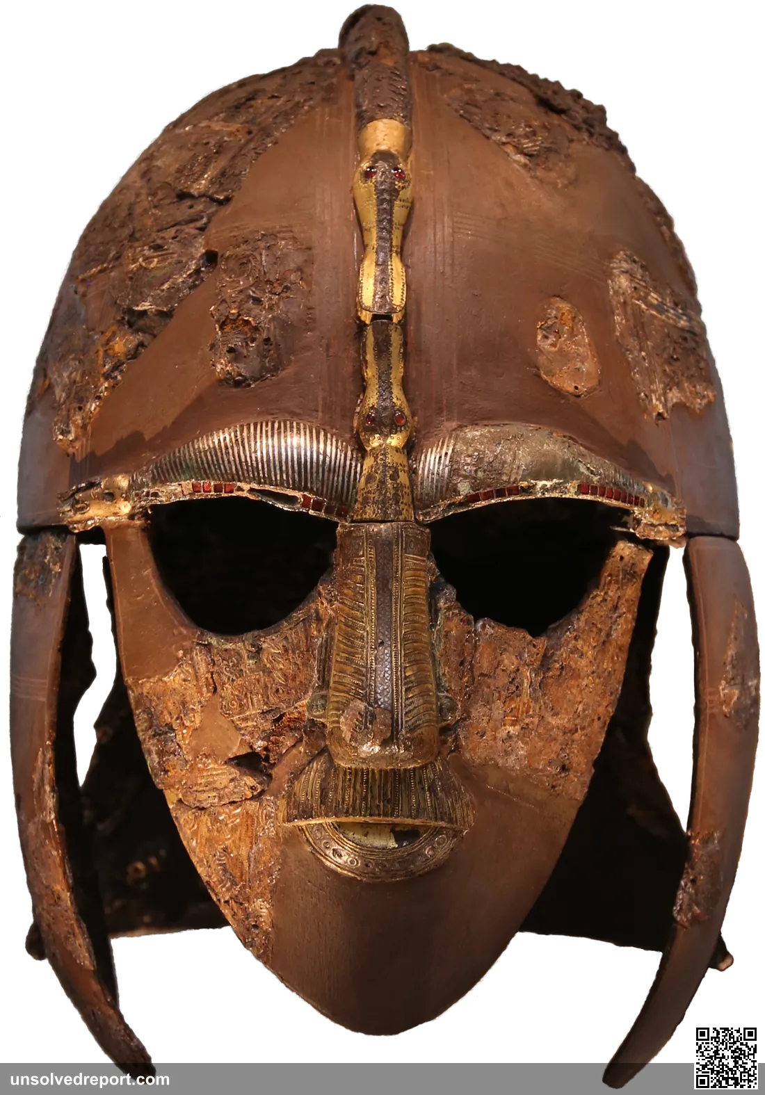 The Sutton Hoo helmet, the iconic iron and bronze face-mask from the Anglo-Saxon ship burial mound at Sutton Hoo, Suffolk, c. 625 AD, now in the British Museum