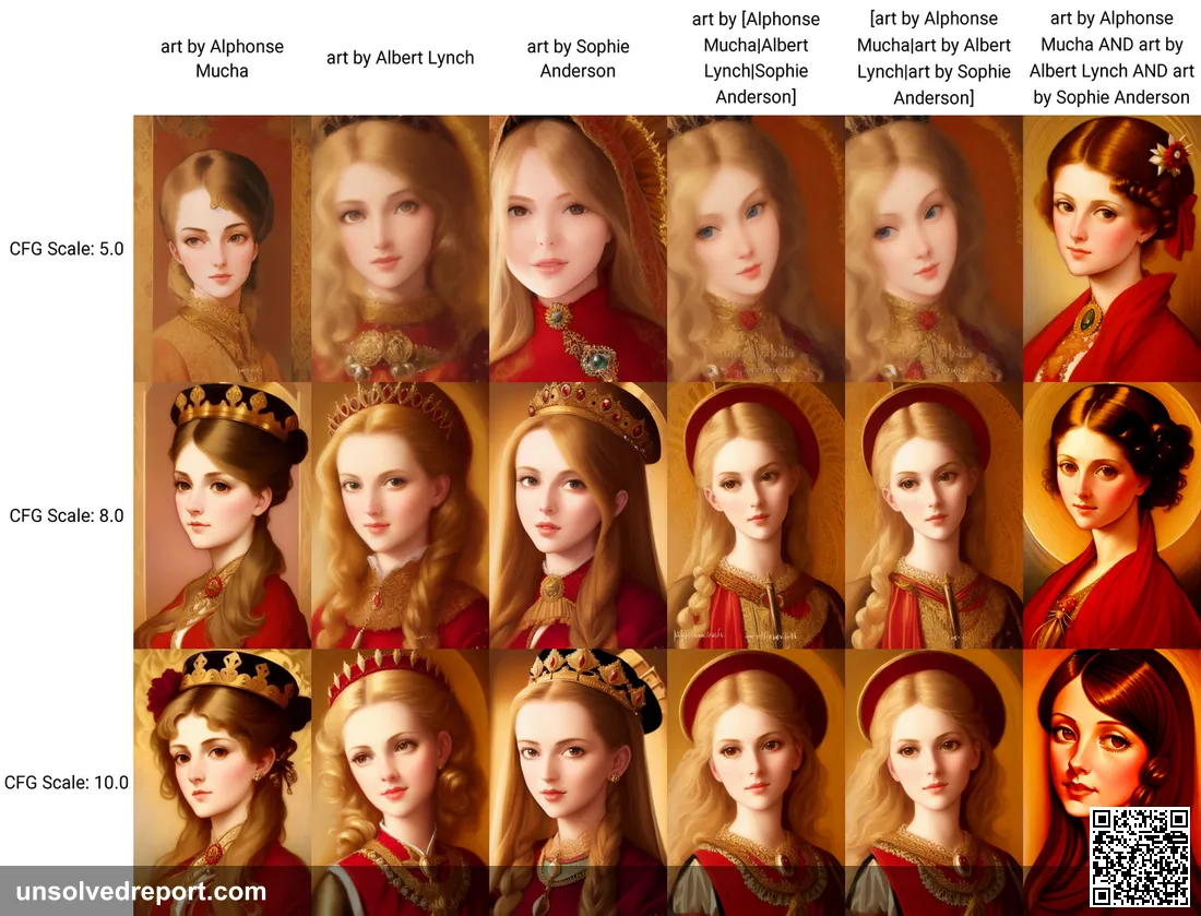 An X/Y plot of algorithmically-generated AI portrait artworks featuring the painting styles of various different dead a…
