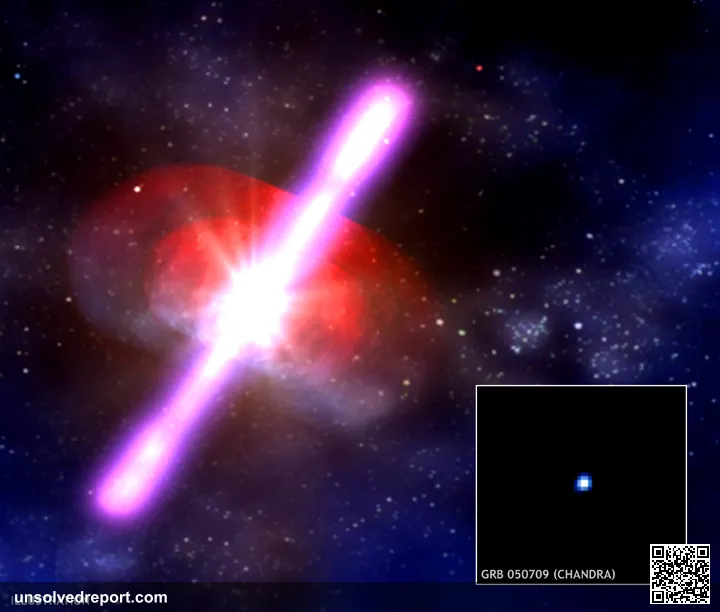 An artist's rendering (left) of GRB 050709 depicts a gamma-ray burst that was discovered on 9 July, 2005 by NASA's High…