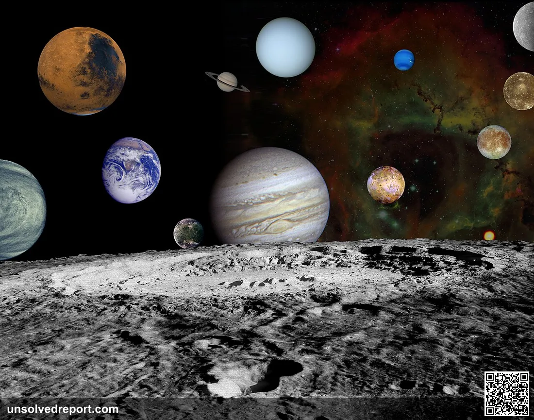 This montage of images taken by the Voyager spacecraft of theplanets and four of Jupiter's moons is set against a false…