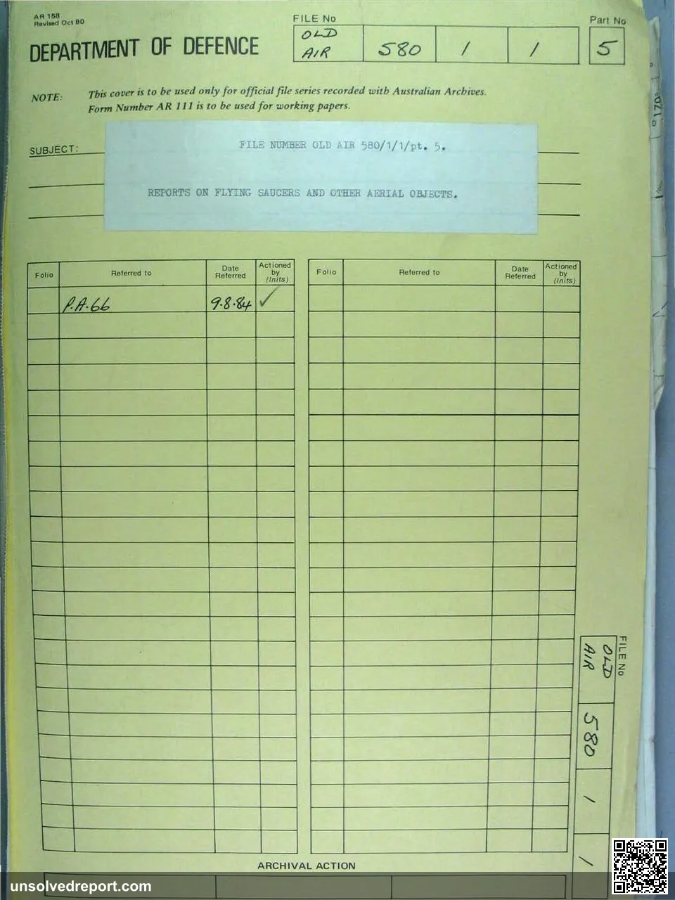 Scanned cover page of the Australian Department of Defence official file titled Reports on Flying Saucers and Other Aerial Objects, file number OLD AIR 580/1/1 Part 5, dated 1965 to 1966