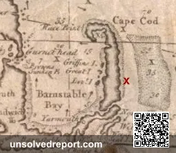 Location of en:Whydah Gally which sank in 1717, near Cape Cod. Red X marks the spot.
